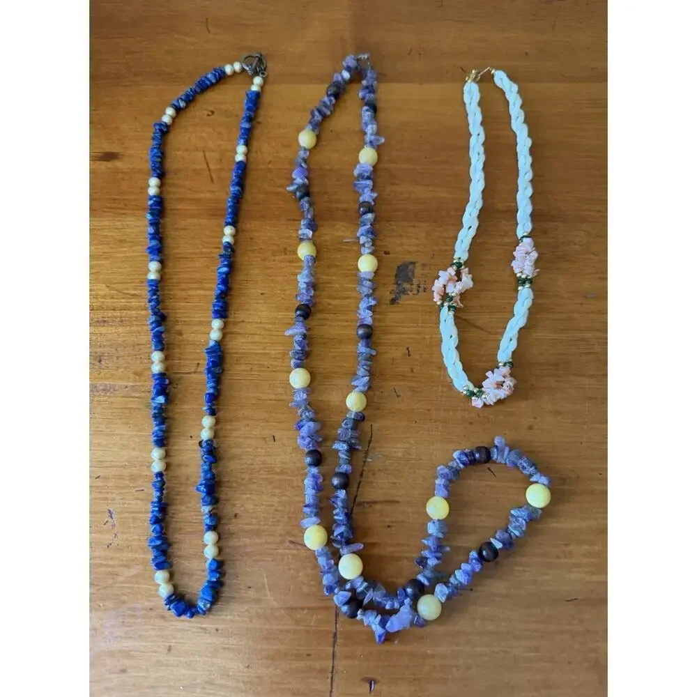 Boho Gemstone Necklace Bundle Amethyst Lapis Floral Beaded Layering Jewelry Lot